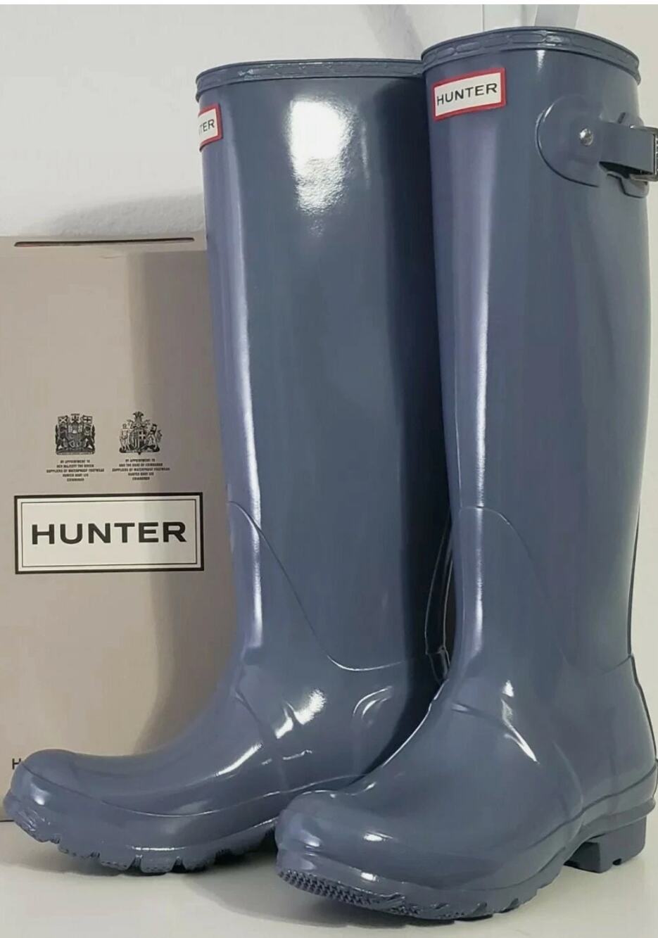 Hunter Women's 9 Original Tall Gloss Rain Boots $190 Waterproof Pull On Gray